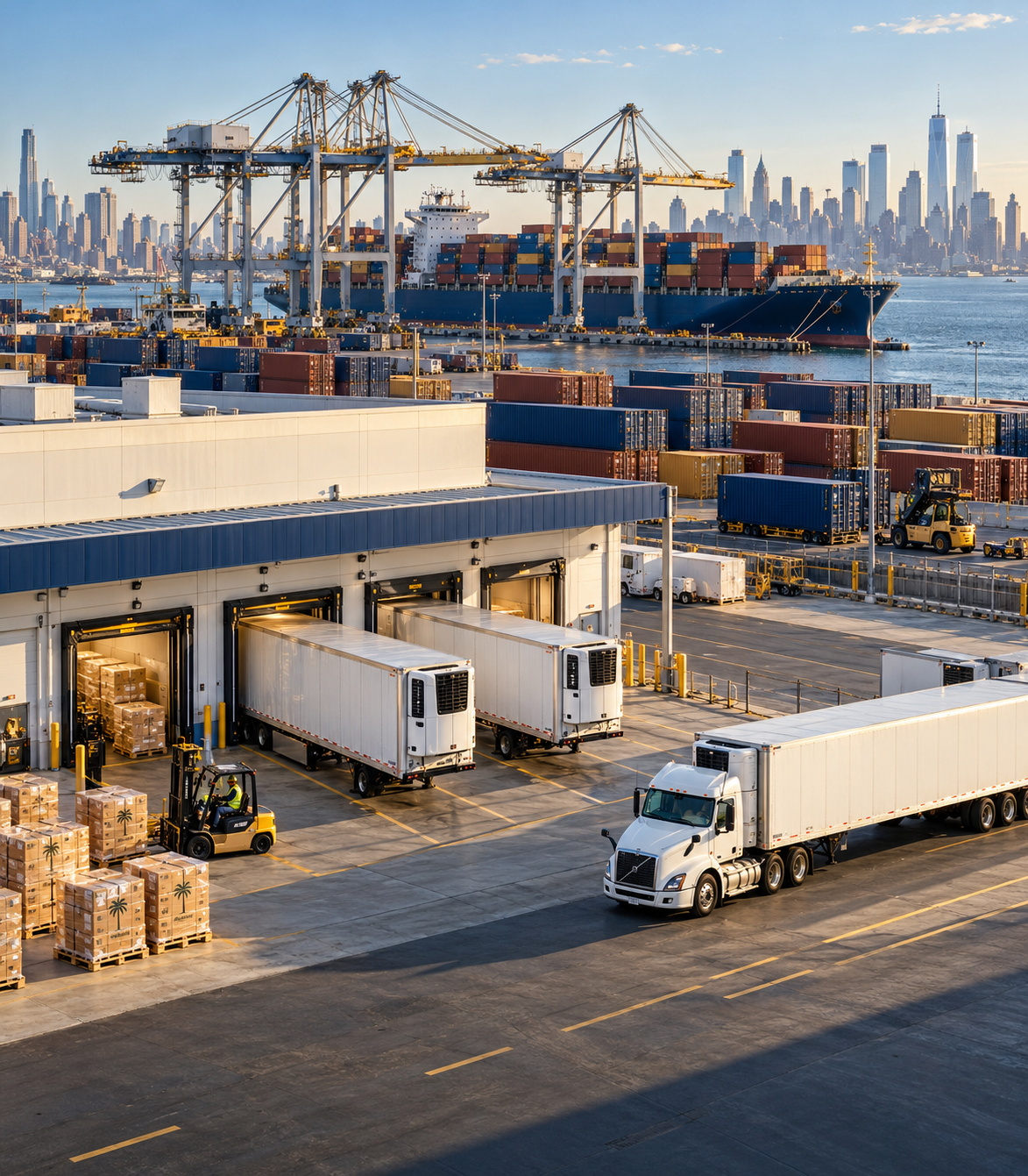 Wholesale food logistics at the New York harbor — warehouse, trucks, and container ship